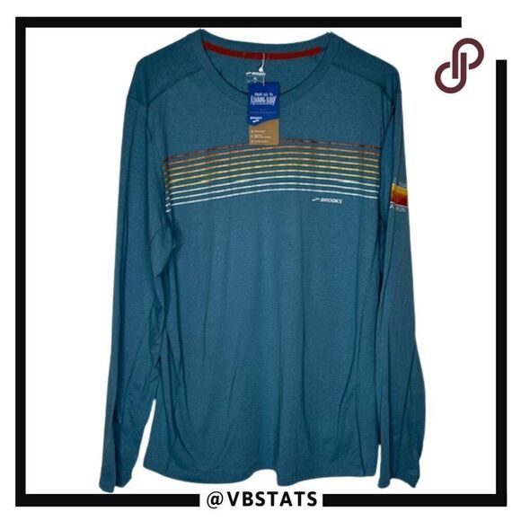 Brooks Distance LS Tee 2.0 Heather Slate Blue/Gradient Stripe (NWT) Size XL - Picture 2 of 8